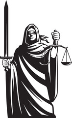 Stylized black and white illustration of Lady Justice blindfolded and holding a sword and scales.
