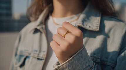Close-up of a woman wearing a denim jacket and a ring on her finger outdoors