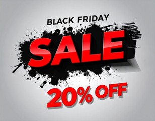Black Friday 20% Off Sale Banner with Red Text and Grunge Paint Background