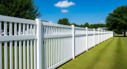 Fototapeta premium Long White Vinyl Fence Dividing Green Grass Lawn in Sunny Suburban Backyard