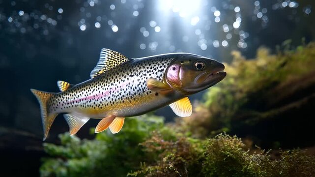 Rainbow trout swimming in half-light underwater, reflections forming rainbow halos on scales, defocused moss textures, with copy space.