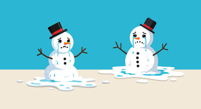 Emotional Winter's End Two Melancholy Snowmen Shedding Tears as They Slowly Disappear into Puddles, Signaling the Departure of Cold Weather