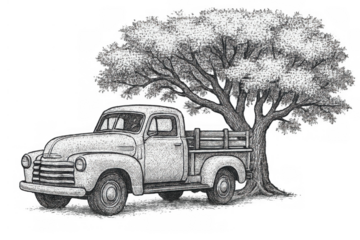 Vintage pickup truck parking next to a large tree, a classic vehicle sketch representing nostalgia and rural life