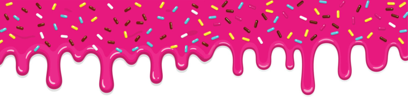 Pink frosting drips with colorful sprinkles on white background