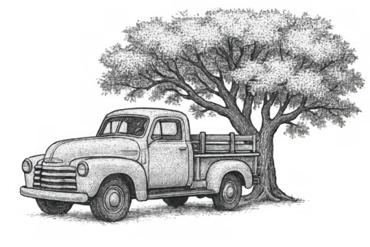 Vintage pickup truck parking next to a large tree, a classic vehicle sketch representing nostalgia and rural life