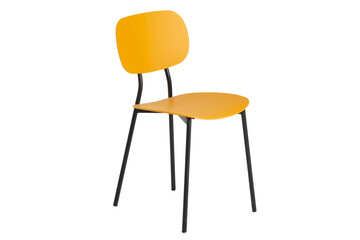 Fototapeta premium Yellow 3 view chair with a rounded seat and backrest, supported by slim black metal legs white background Dining various settings, including homes, bars, pubs, and restaurants.