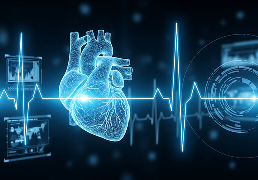 Digital wireframe human heart with glowing pulse line and medical technology interface for healthcare diagnostics and future medicine concepts