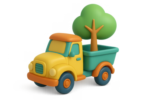 Cartoon delivery truck transporting a young tree, symbolizing ecology, nature care, and environmental protection on a transparent background - Powered by Adobe