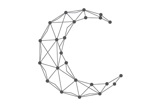 Geometric crescent moon shape made of connected dots and lines, isolated on white background