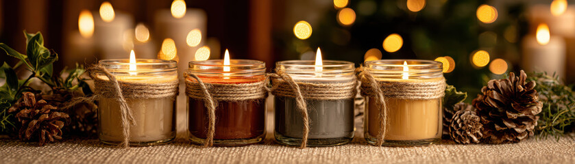 Eco friendly Christmas decoration with burning candles in glass jars wrapped with twine and pine cones creating warm festive atmosphere
