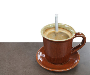 brown coffee cup with saucer on grunge metallic desk isolated on transparent