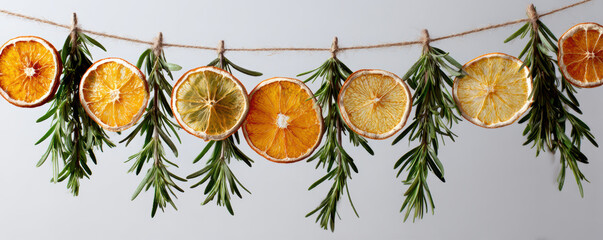 Eco friendly christmas decoration with dried orange slices and green rosemary hanging on string for natural festive decor