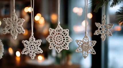 Crochet snowflake ornaments hang delicately on tree branch creating eco friendly Christmas decoration with warm and cozy festive atmosphere