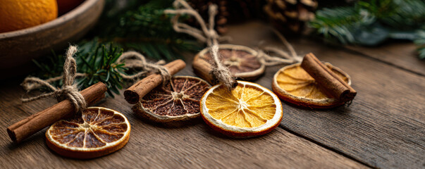 Dried orange slice and cinnamon stick tied with twine create eco friendly Christmas decoration on rustic wooden surface with green pine branch