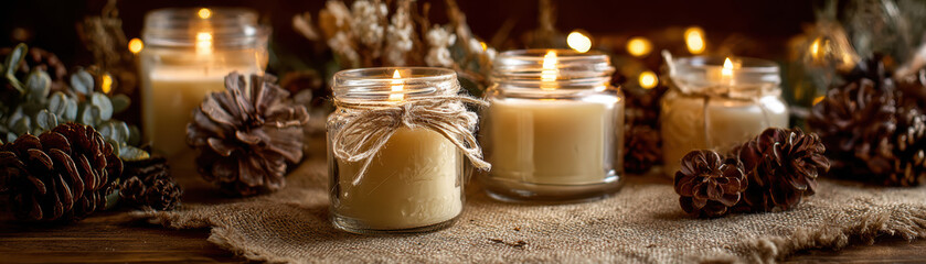 Eco friendly Christmas decoration with glowing candles in glass jars and natural pine cones creating warm festive ambiance