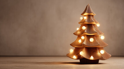 Eco friendly Christmas decoration with warm glowing lights on modern cardboard tree creating cozy festive atmosphere indoors