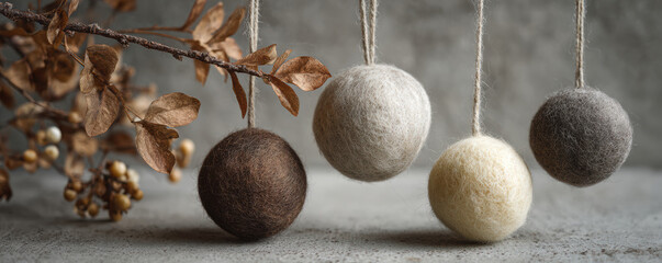 Eco friendly Christmas decoration with natural wool balls hanging from dried branch creating warm festive mood