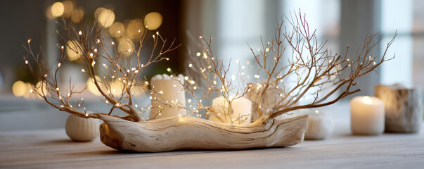 Eco friendly christmas decoration with warm glowing lights on natural wooden branch centerpiece creating cozy festive mood