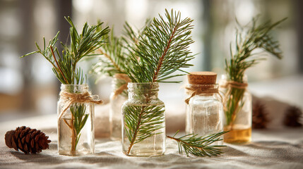 Eco friendly christmas decoration with pine branches in glass jars and natural twine creating warm festive atmosphere