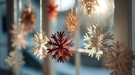 Eco friendly Christmas decoration with hanging paper snowflake ornaments creating warm festive atmosphere in soft natural light
