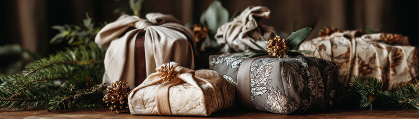 Eco friendly Christmas decoration with wrapped gifts in fabric and natural pine cones creating warm festive atmosphere