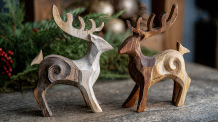 Wooden reindeer decoration with eco friendly Christmas decoration theme showing natural rustic charm and festive holiday spirit