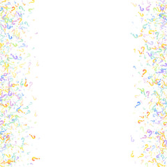 Question marks. Background for quiz, poll, survey, faq, interrogation, query. Multicolored template for opinion, public poll. Funny School vector illustration rainbow color on white background.