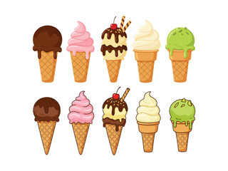 Set of cartoon ice cream cones in various flavors, a delicious summer dessert concept