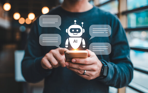 Person using a smartphone with an ai chatbot interface and chat bubbles