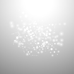 Silver Bokeh Christmas Background. Snow Flakes on Light Grey. Blurred Vector Design. Holiday Winter Backdrop With Glow and Overlay Effect. Season Bling Christmas Decoration.