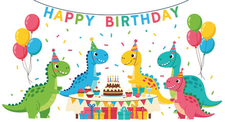 Obraz premium A cheerful group of colorful cartoon dinosaurs celebrates a festive birthday party with cake, balloons, presents, and confetti, ideal for children's themed events