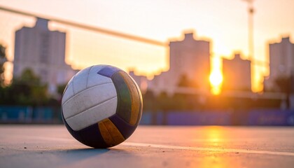 Vibrant Volleyball Resting on an Outdoor Sports Court Bathed in the Golden Hues of a Beautiful Sunset with an Urban Cityscape Background