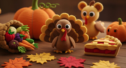 Thanksgiving Plush Toys: Turkey, Chicken, Pumpkin, Pie, Cornucopia, and Autumn Leaves