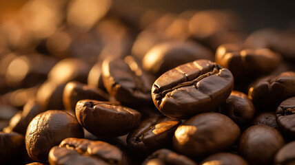 Closeup of roasted coffee beans with warm, soft lighting