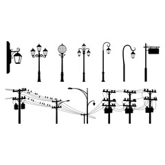 Diverse urban street lamps, classic lampposts, and electrical utility poles silhouette vector graphic assets