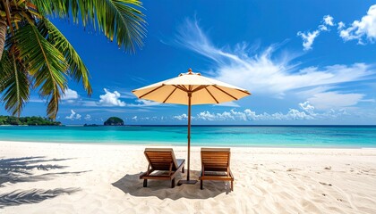 Obraz premium Relaxing beach scene with lounge chairs, umbrella, palm tree, and clear blue sky