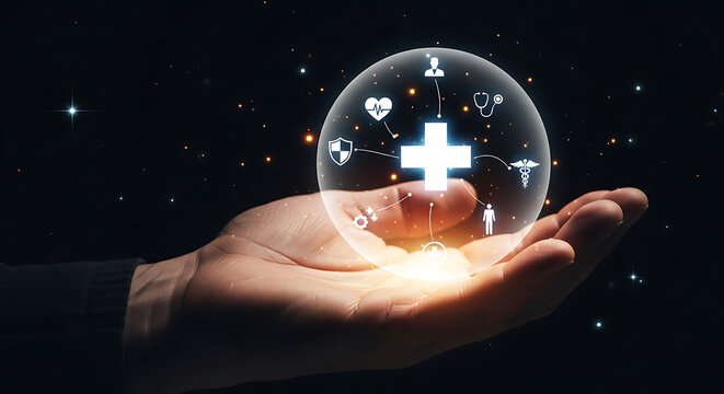 Hand holding a glowing transparent sphere with digital medical and healthcare icons, symbolizing global health network and innovative solutions.
