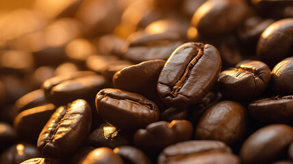 A rich, detailed closeup of roasted coffee beans, showcasing their texture and warm, inviting color