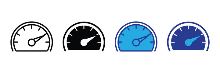 Set of four speedometer icons in different styles outline, solid black, blue, and dark blue, isolated on white background