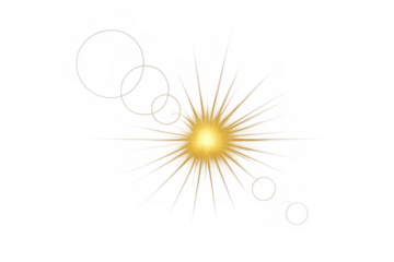 Yellow sun vector representing hot bright light with glittering starburst effect and lens flare, glowing on transparent background