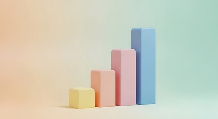 3D Render of a Business Growth Bar Chart with Pastel Colored Blocks on a Gradient Background