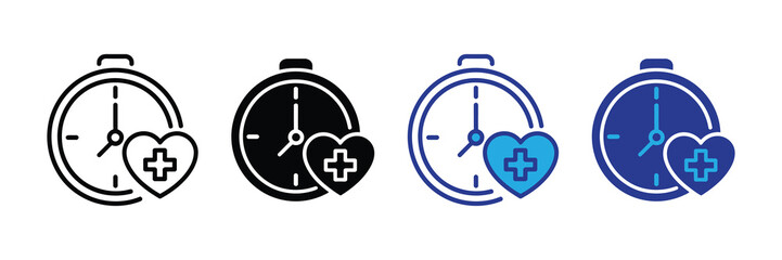 Set of four stopwatch icons with a heart and cross symbol, isolated on white background