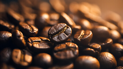 Closeup of roasted coffee beans with warm lighting