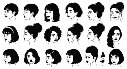 Set of diverse woman hairstyles line art illustration of various trendy haircuts isolated on white background