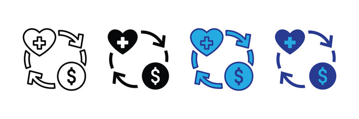 Healthcare and finance exchange icon with heart and dollar symbol and circular arrows isolated on white background