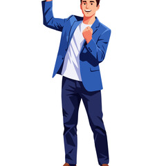 Energetic young man in smart casual attire celebrating achievement, expressing success and positive emotions.