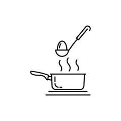 Minimalist line art icon of boiling an egg in a pot, kitchen tools, food preparation, healthy diet concept