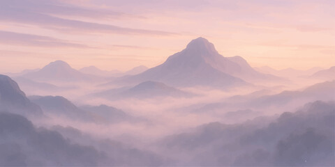 Majestic mountain landscape at sunrise with clouds and fog filling the valley below a snowy peak