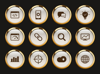 seo gold rimmed vector icons. search engine optimization icon set for web, mobile apps, ui design and print