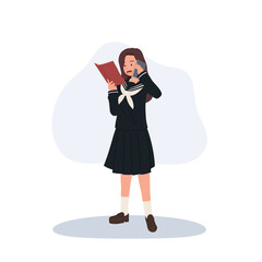 japanese schoolgirl in sailor uniform talking on phone and reading book.